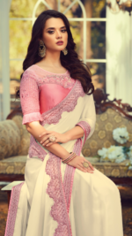 Cream & Pink Sunlight Silk Party Wear Saree | PX0202