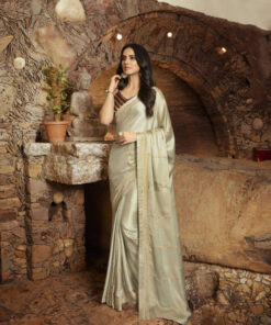 Beige satin georgette designer saree has a golden zari embroidery work with jacquard blouse that you can wear for any occasion without any discomfort. It is suitable for both hand wash and  machine wash.