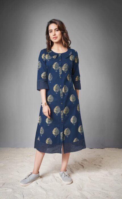 Dark Blue Printed Cotton Kurti | VLSM841