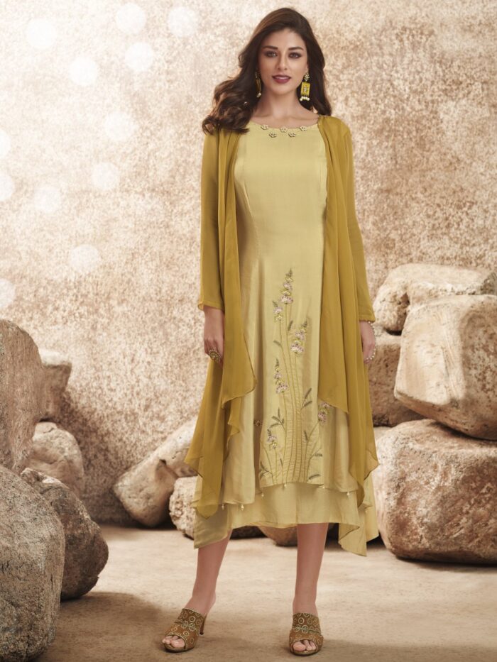 Beige Silk Embroidered Kurti With Attached Shrug | VUS3011 |