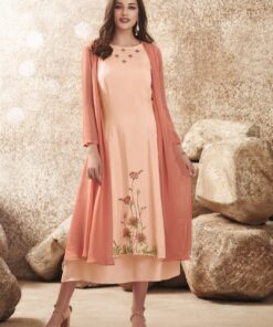 Peach Silk Embroidered Kurti With Attached Shrug | VUS3014 |