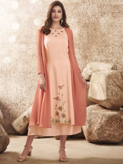 Peach Silk Embroidered Kurti With Attached Shrug | VUS3014 |