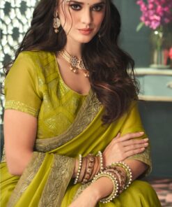 Parrot green party wear glitter chiffon saree is lightweighted with sequins work that you can wear for any occasion without any discomfort. It is suitable for both hand wash and  machine wash.