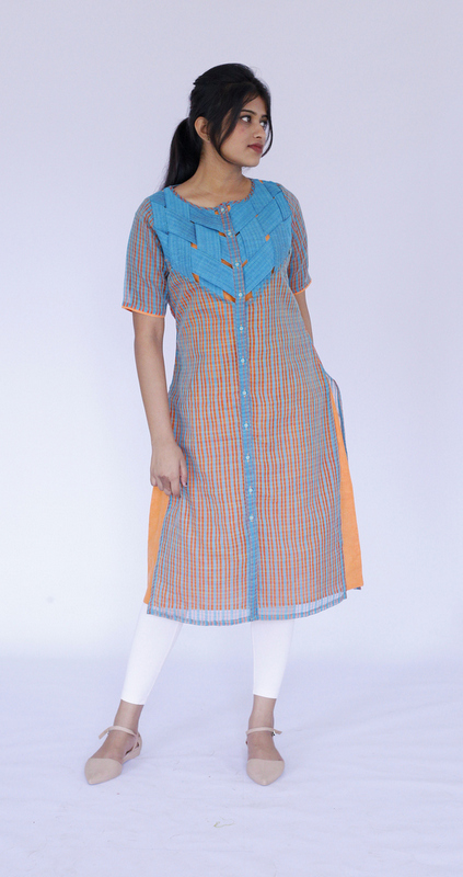 Blue & Orange Chanderi Cotton Kurta | G-7068C |