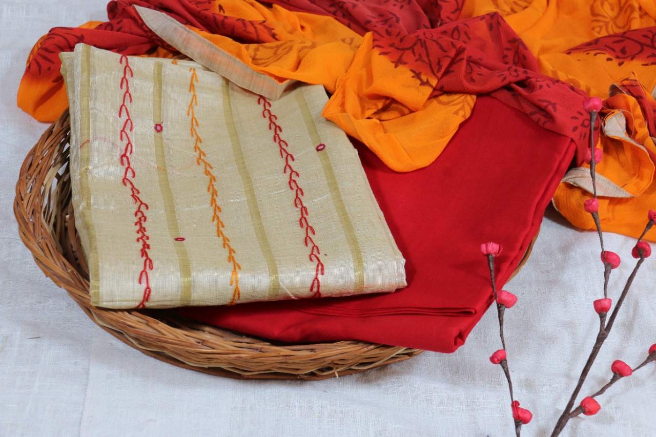 Modal Silk Salwar Material | Cream & Red | 0013