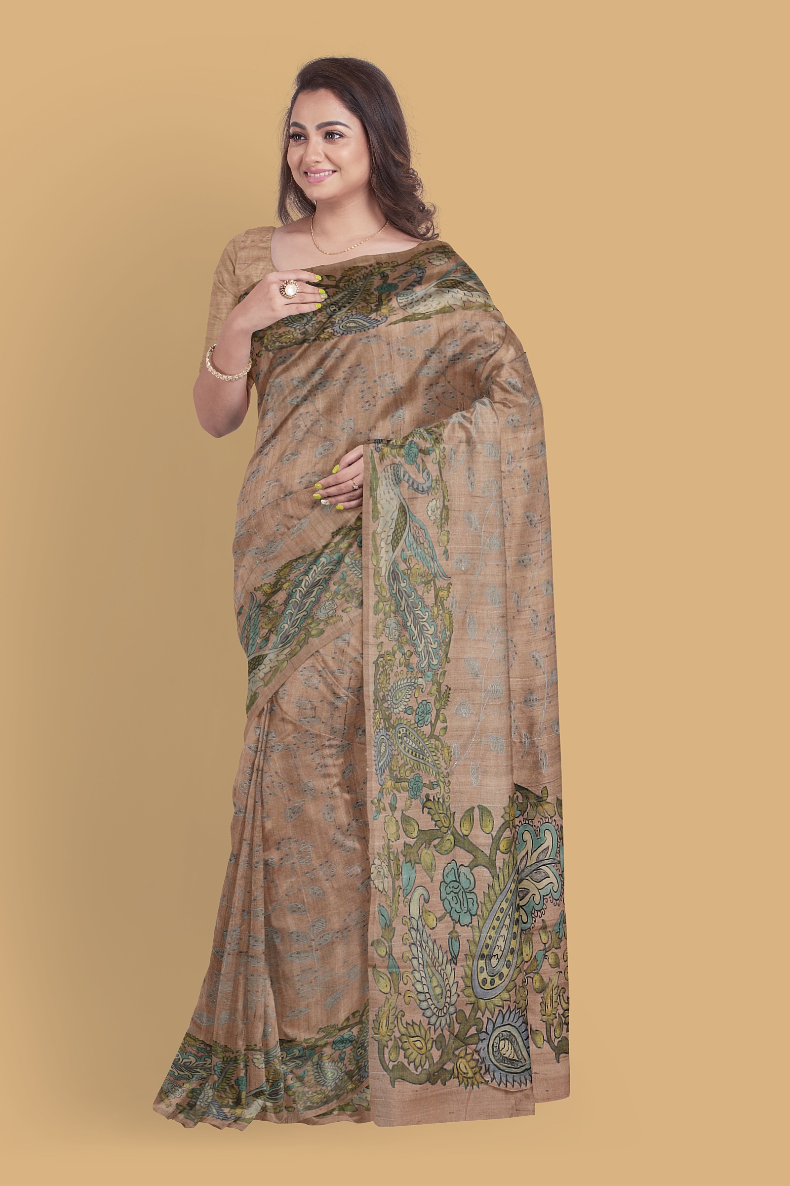 Semi Tussar Beige with Embroidery & Sequins Saree | PX0037