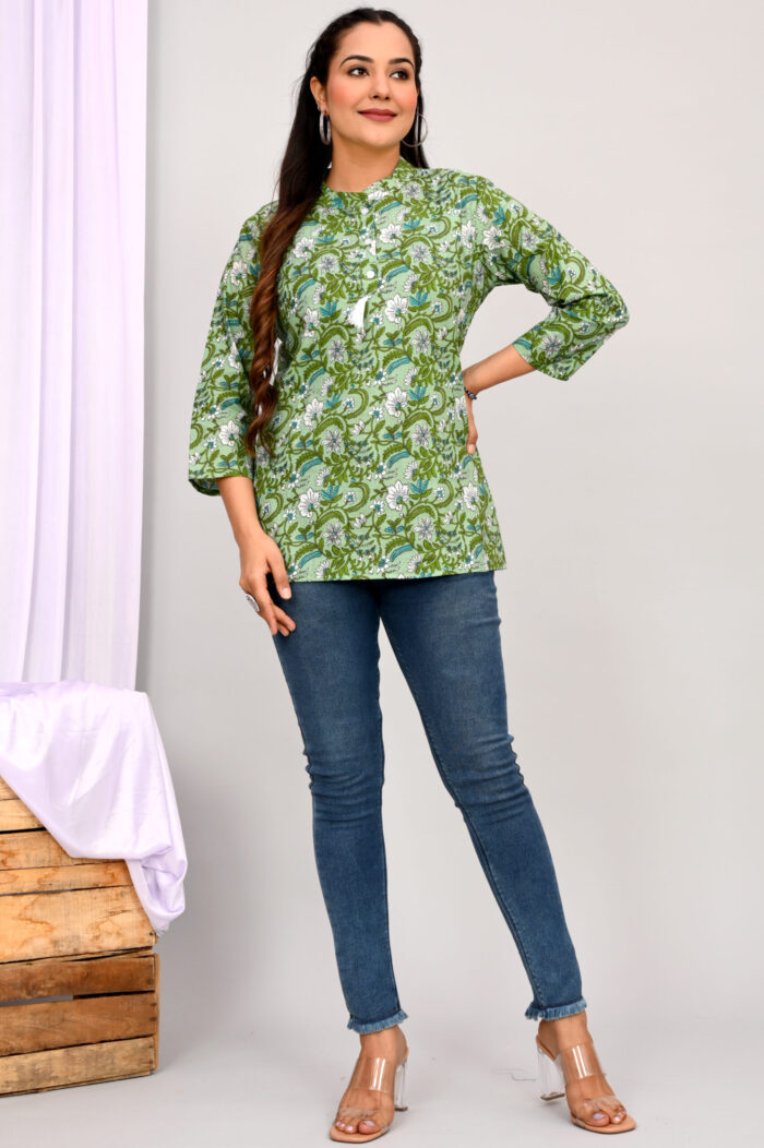 Green Printed Cotton Top | Green | FA008