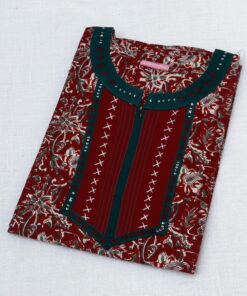 L Printed Cotton Nighty With Sequins and Embroidery | Maroon | JS0006