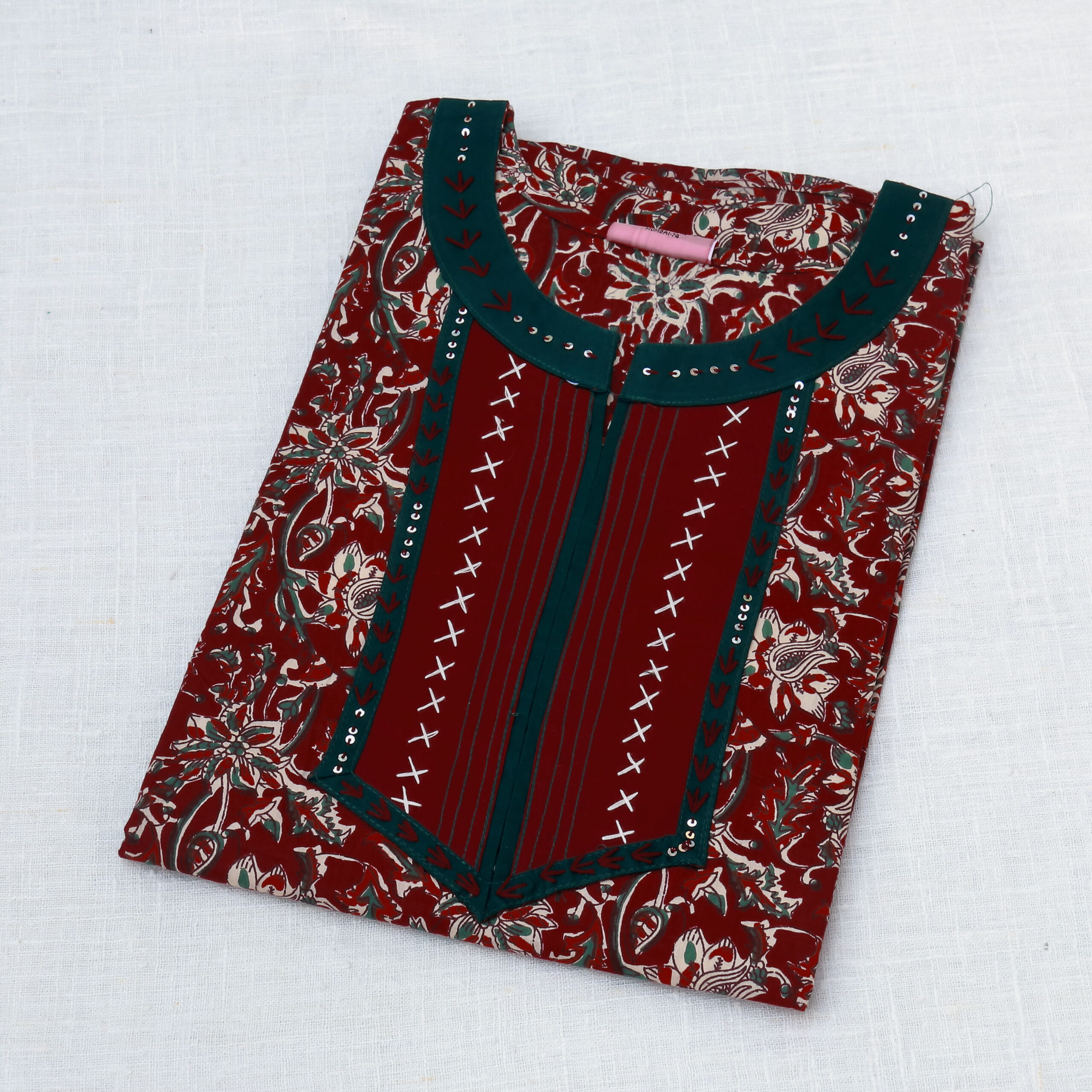 L Printed Cotton Nighty With Sequins and Embroidery | Maroon | JS0006