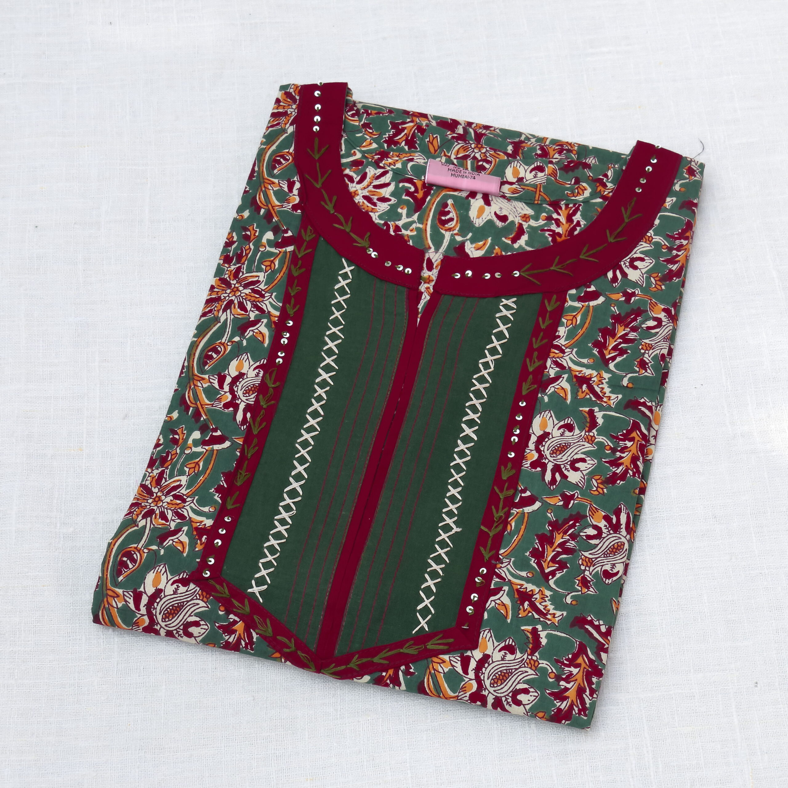 L Printed Cotton Nighty With Sequins and Embroidery | Green | JS0006