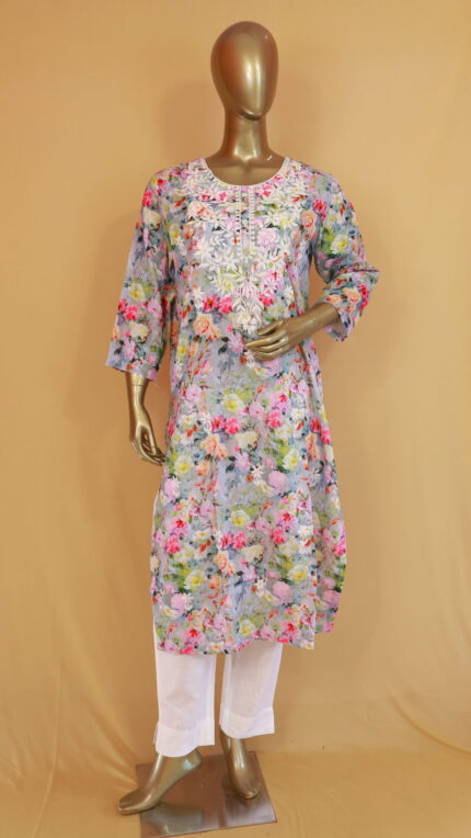 Linen Cotton Salwar Suit | Blue & Multicolor | PM0028
