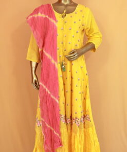 Mul Cotton Gown With Pink Dupatta | Yellow | PM0001