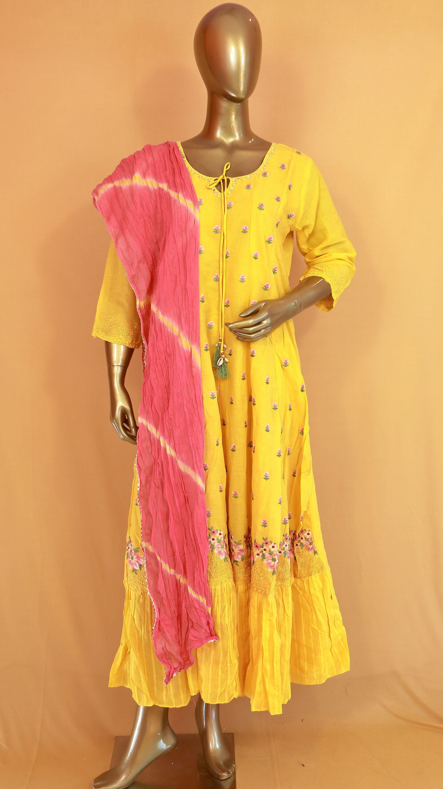 Mul Cotton Gown With Pink Dupatta | Yellow | PM0001