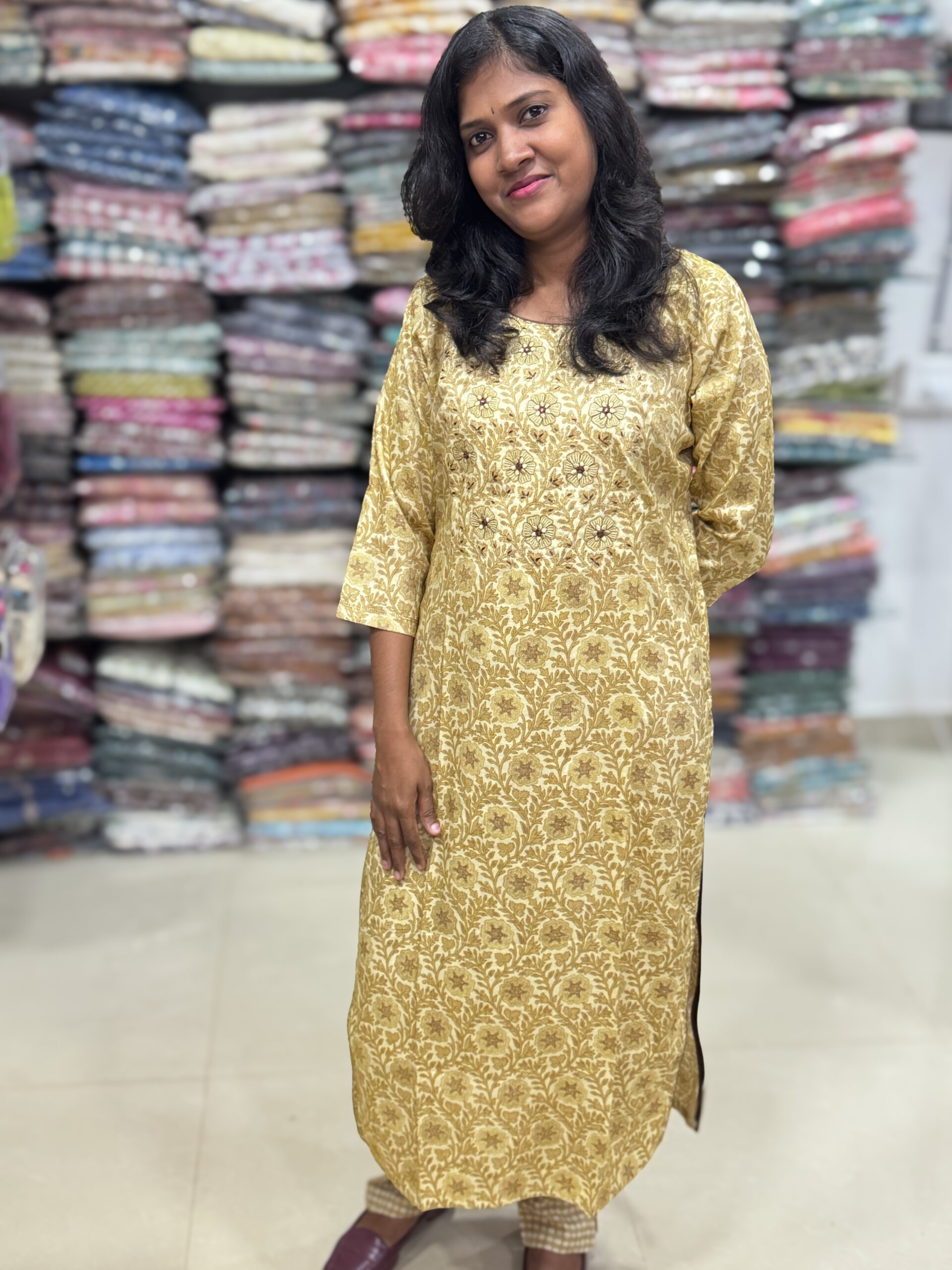 A simple rayon salwar top is beautifully curated with mirror and embroidery patterns that you can wear for any occasion, has a elastic pant. It is suitable for both hand wash and machine wash.  