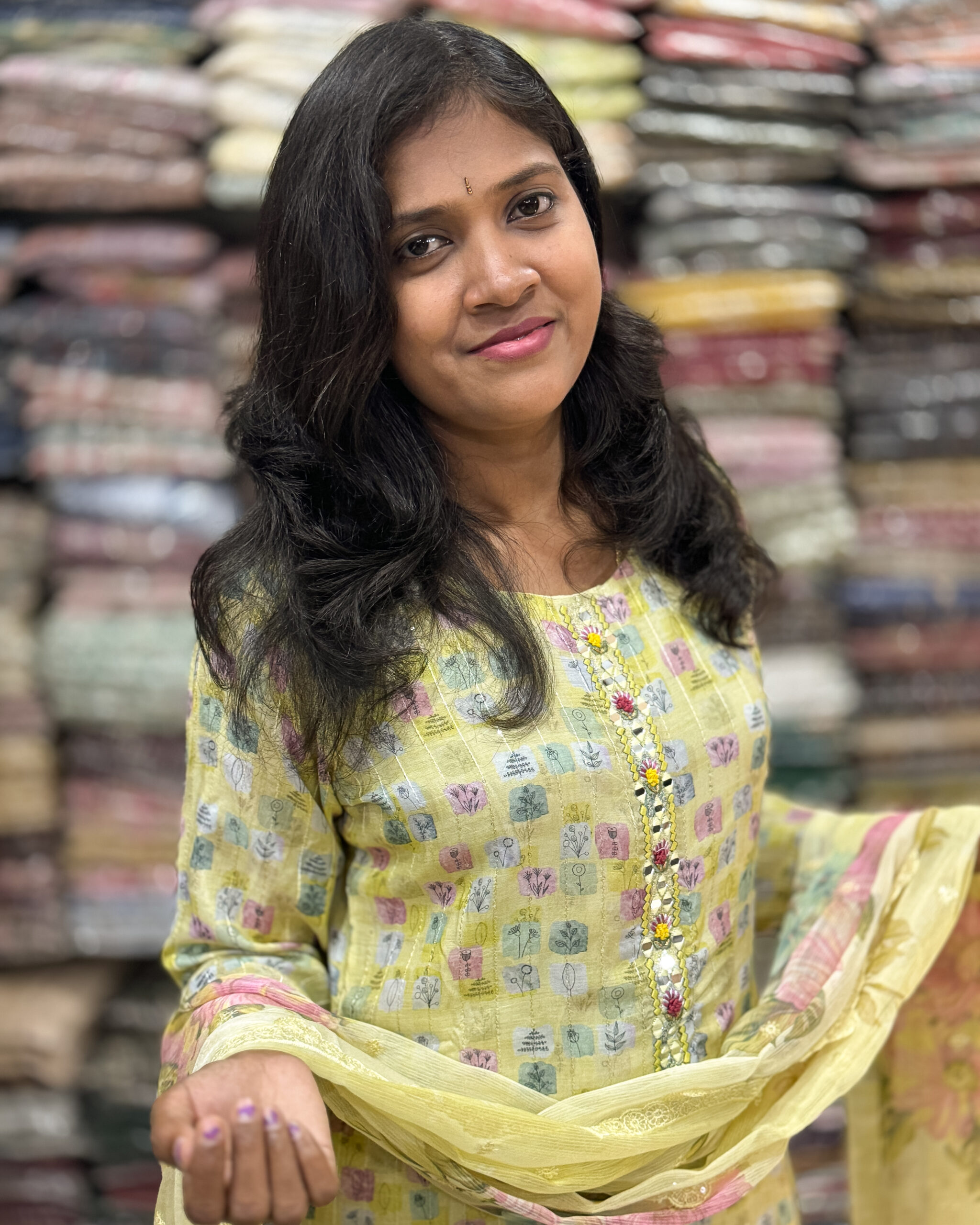 A very pretty muslin salwar top is beautifully crafted with sequins has cotton lining, elastic pant and chiffon dupatta. It is suitable for both hand wash and machine wash.  