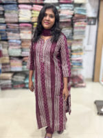Cotton salwar suit has a beautiful neck pattern with embroidery and sequins , has a cotton elastic pant and dupatta. It is suitable for both hand wash and machine wash.