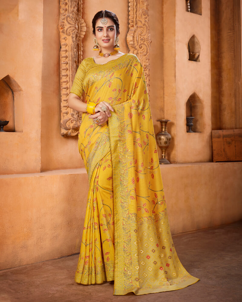 Cotton Brasso Designer Saree | Golden Yellow | PX0082