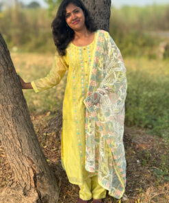 Chanderi cotton salwar top has a beautiful sequins and embroidery pattern comes with lining, elastic waist pant and netted dupatta with embroidery. This will be a perfect choice for any occasion.