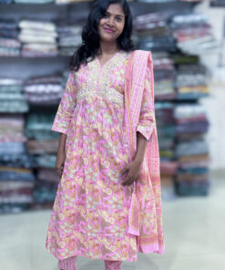 Beautiful mul cotton suit has sequins on the yoke with pleated neckline comes with an elastic waist pant and dupatta. This will be a perfect choice for any occasion.It is suitable for both hand wash and machine wash.