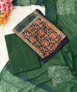 Pure cotton suits has kalamkari printed patch work on the neck patterns with sequins paired with bottom and printed dupatta. It is suitable for both hand wash and machine wash.