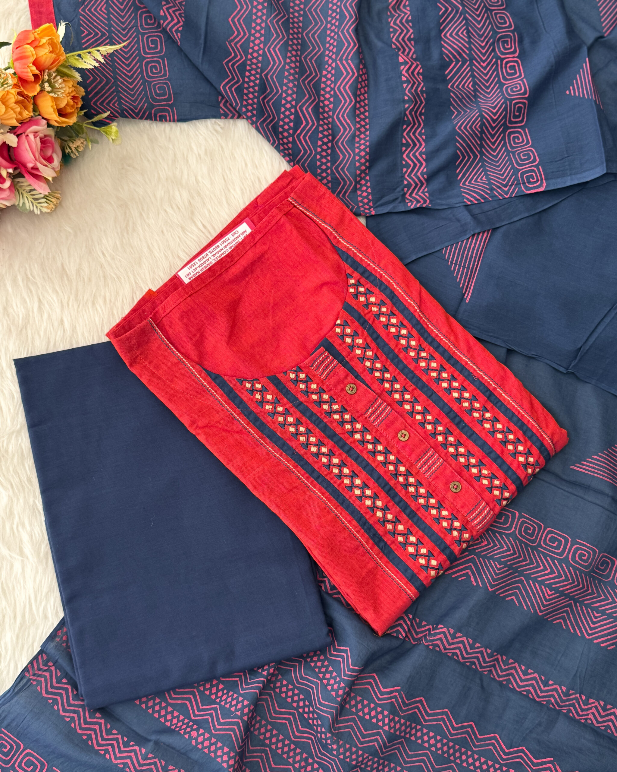 Pure cotton suits has embroidery and patch work patterns paired with bottom and printed dupatta. It is suitable for both hand wash and machine wash.
