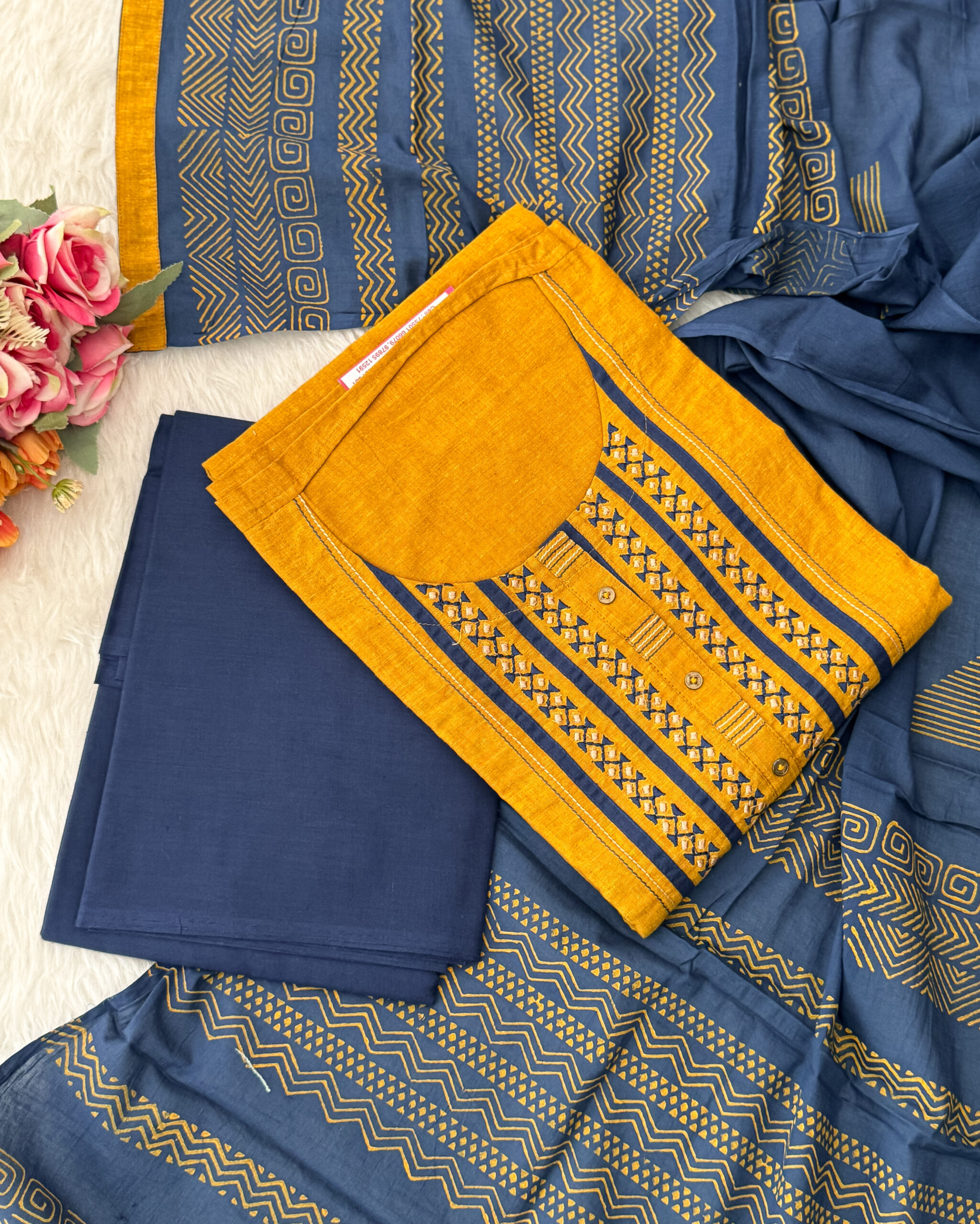 Beautiful cotton suits has embroidery and patch work patterns paired with bottom and printed dupatta. It is suitable for both hand wash and machine wash.