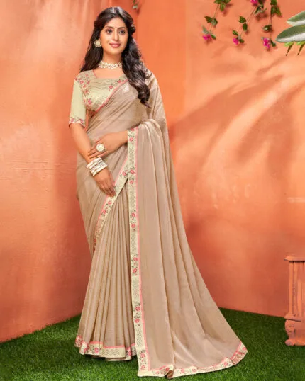 Crush Patterned Chiffon Saree | Light Brown | PX0080