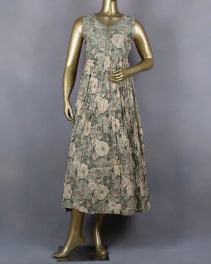 Elegant Ethnic Gown/Dress | Floral Printed Flared | Green | DD0197