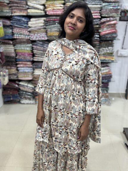 Ethnic sharara suits flared top with curved V neck crafted with lace border in the yoke and sequins paired with sharara pants and dupatta. It is suitable for both hand wash and machine wash.