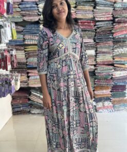 Ethnic Beautiful printed aline flared kurta with lace pattern, sequins and tie up knot in waist comes with pom pom and shells . Paired with santoon elastic waist pant. It is suitable for both hand wash and machine wash.