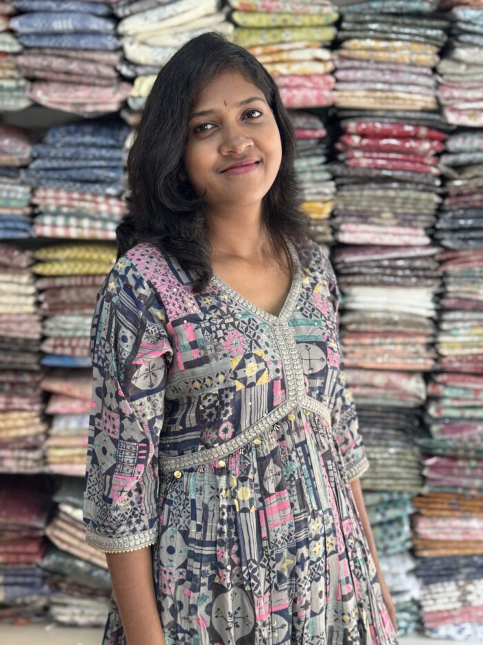 Ethnic Beautiful printed aline flared kurta with lace pattern, sequins and tie up knot in waist comes with pom pom and shells . Paired with santoon elastic waist pant. It is suitable for both hand wash and machine wash.