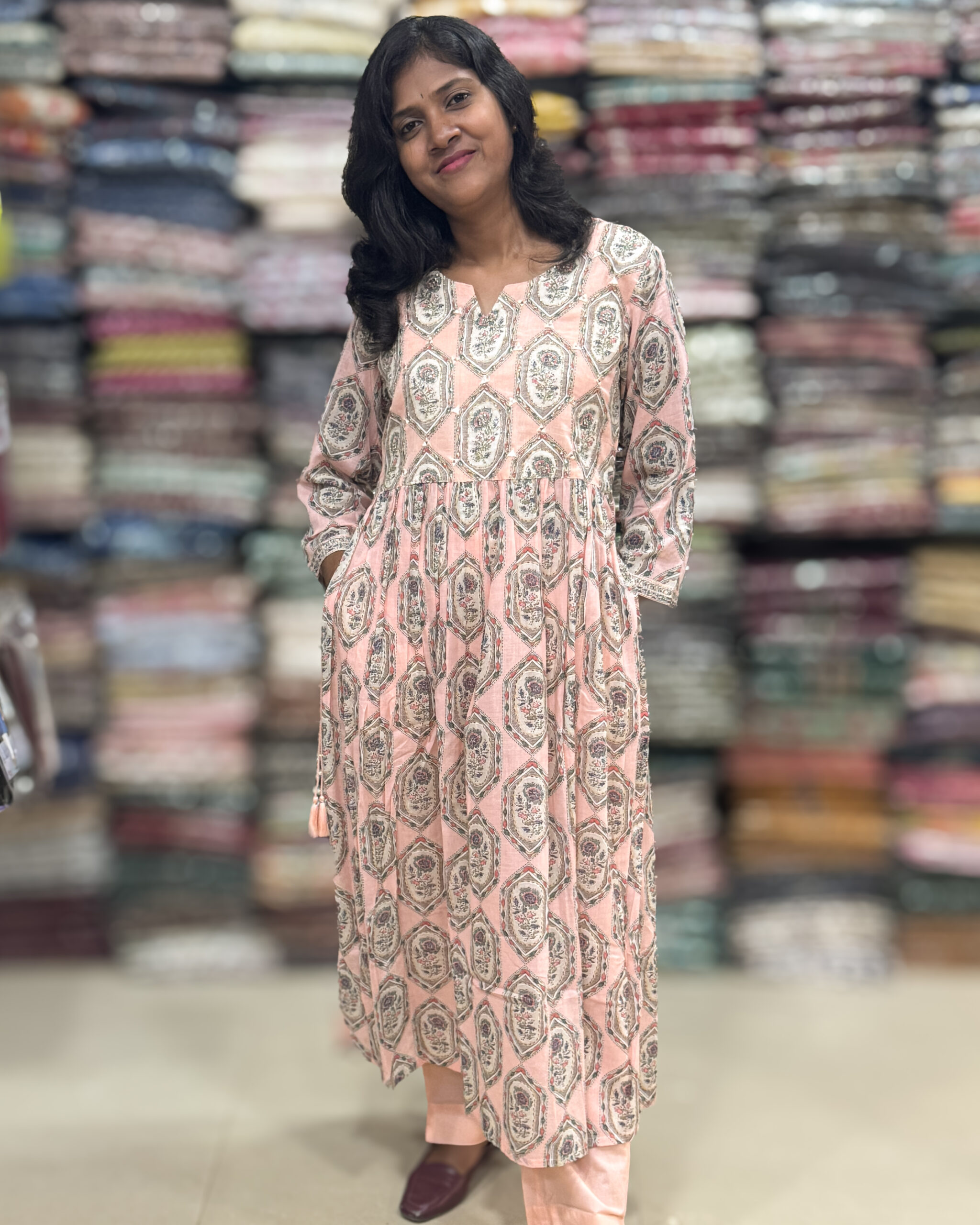 A beautiful kurta pant sets pleated stylish  kurta crafted with sequins, zari and embroidery has a cotton lining paired with bottom. It is suitable for both hand wash and machine wash.