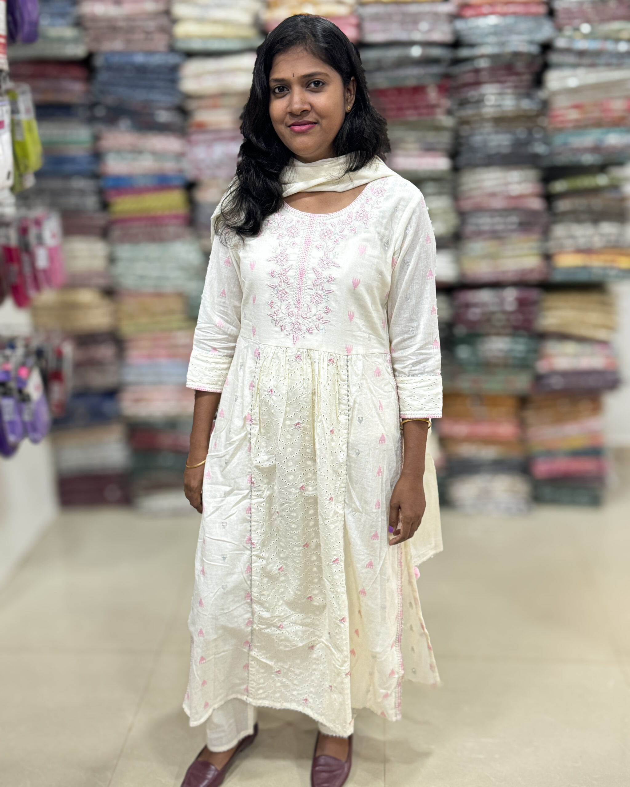 Beautiful ethnic pleated high waist kurta embellished with embroidery sequins and schffli paired with bottom and dupatta.It is a perfect choice for causal wear. It is suitable for both hand wash and machine wash.