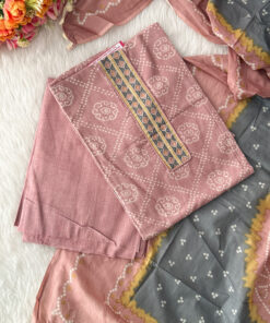 Ethnic bandhani printed pure cotton material with neck pattern comes with plain bottom and printed dupatta with pompom. It is a perfect choice for causal wear. It is suitable for both hand wash and machine wash.