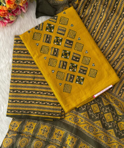 Pure cotton material with applique work paired with printed bottom and dupatta. 