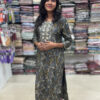 Ethnic Beautiful Geometrical printed staright kurta embellished with floral embroidery and sequins patterns has foil prints paired with elastic waist pant. It is suitable for both hand wash and machine wash.