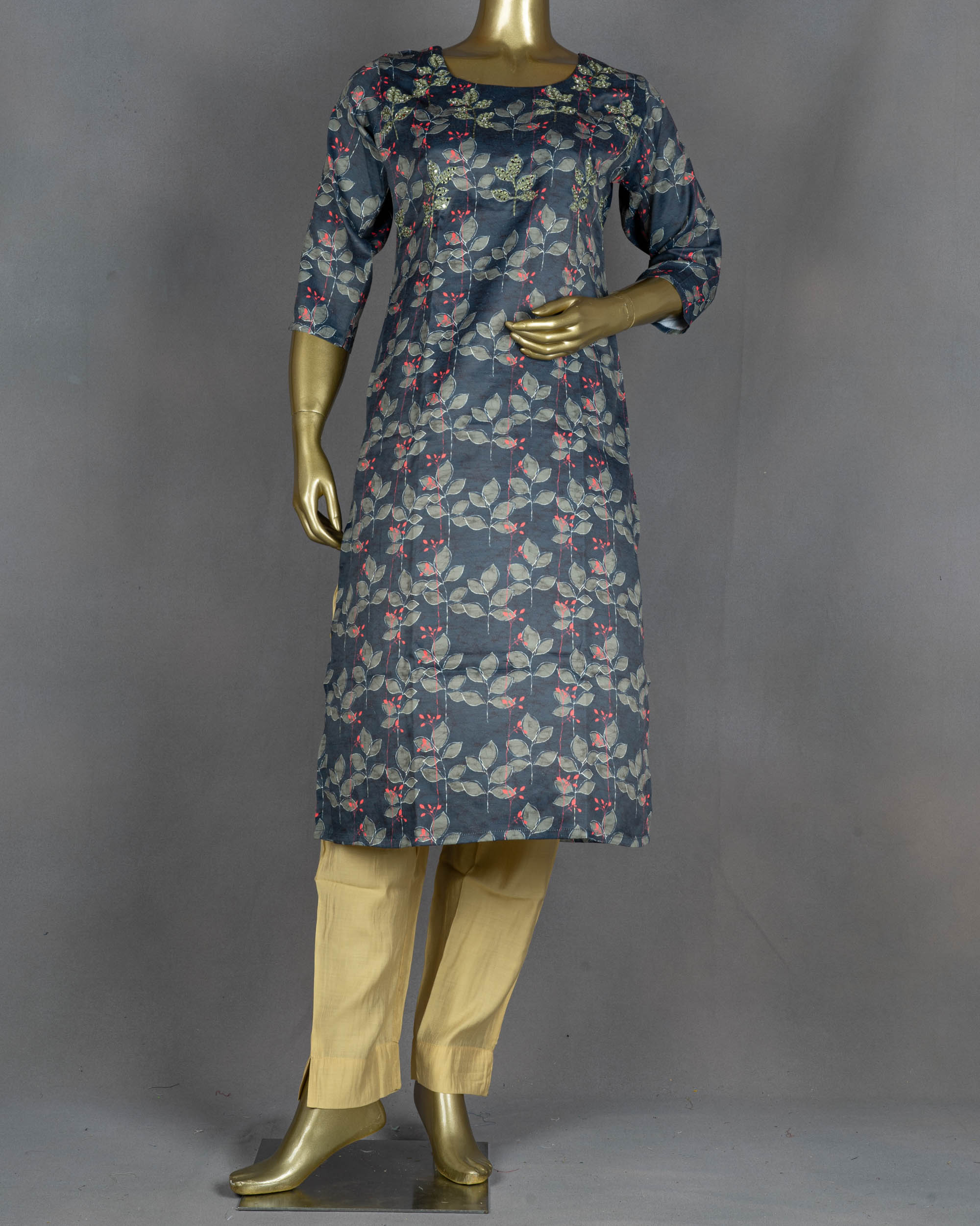 Printed Straight Kurti With Embroidery And Sequins | Green | DD0141