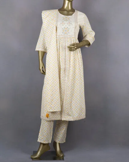 Ethnic Mirror Embroidered Front Slit Salwar Suits | Cream | QB0001