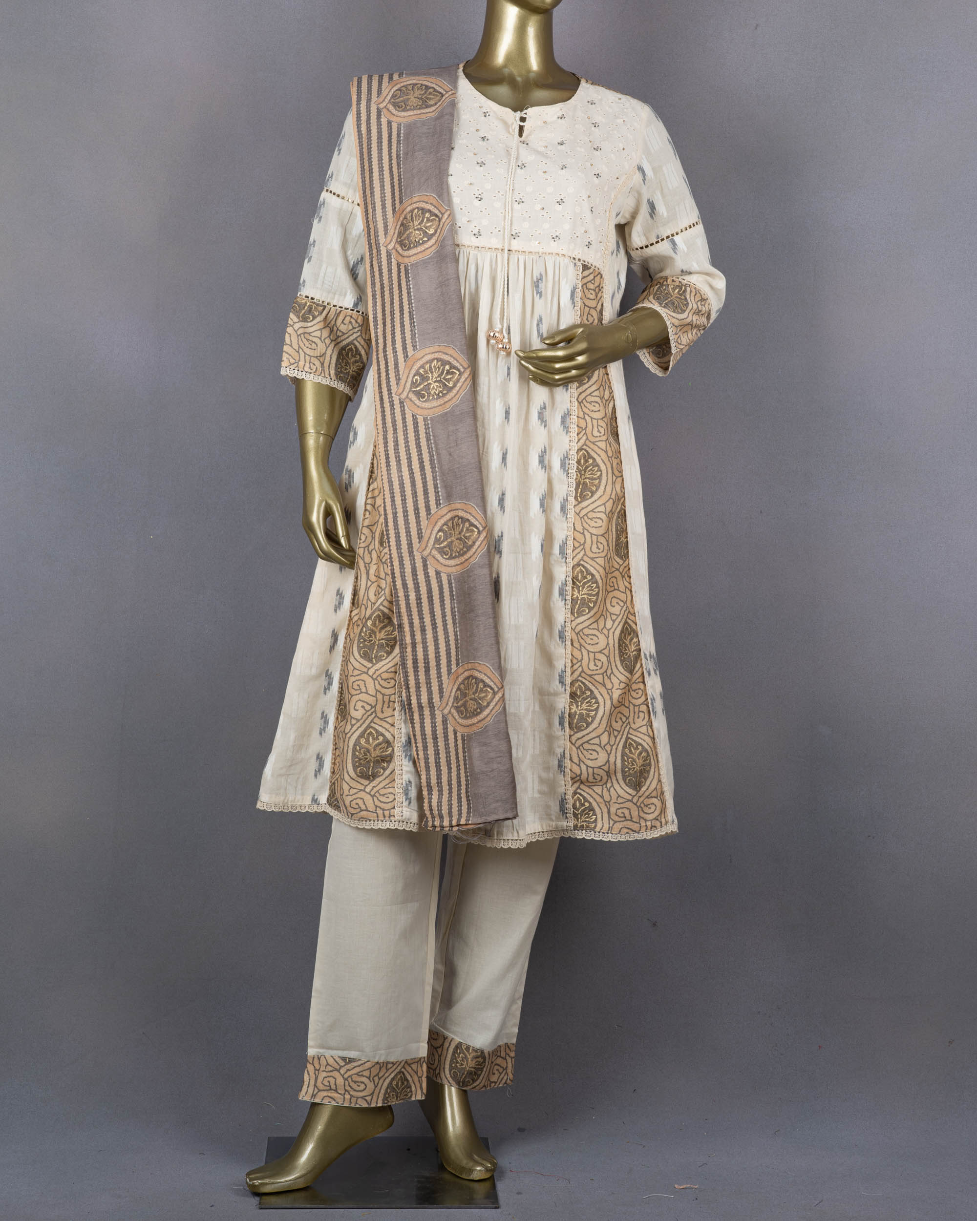 Ethnic Schffli Patterned Salwar Suits | Cream & Grey | QB0002
