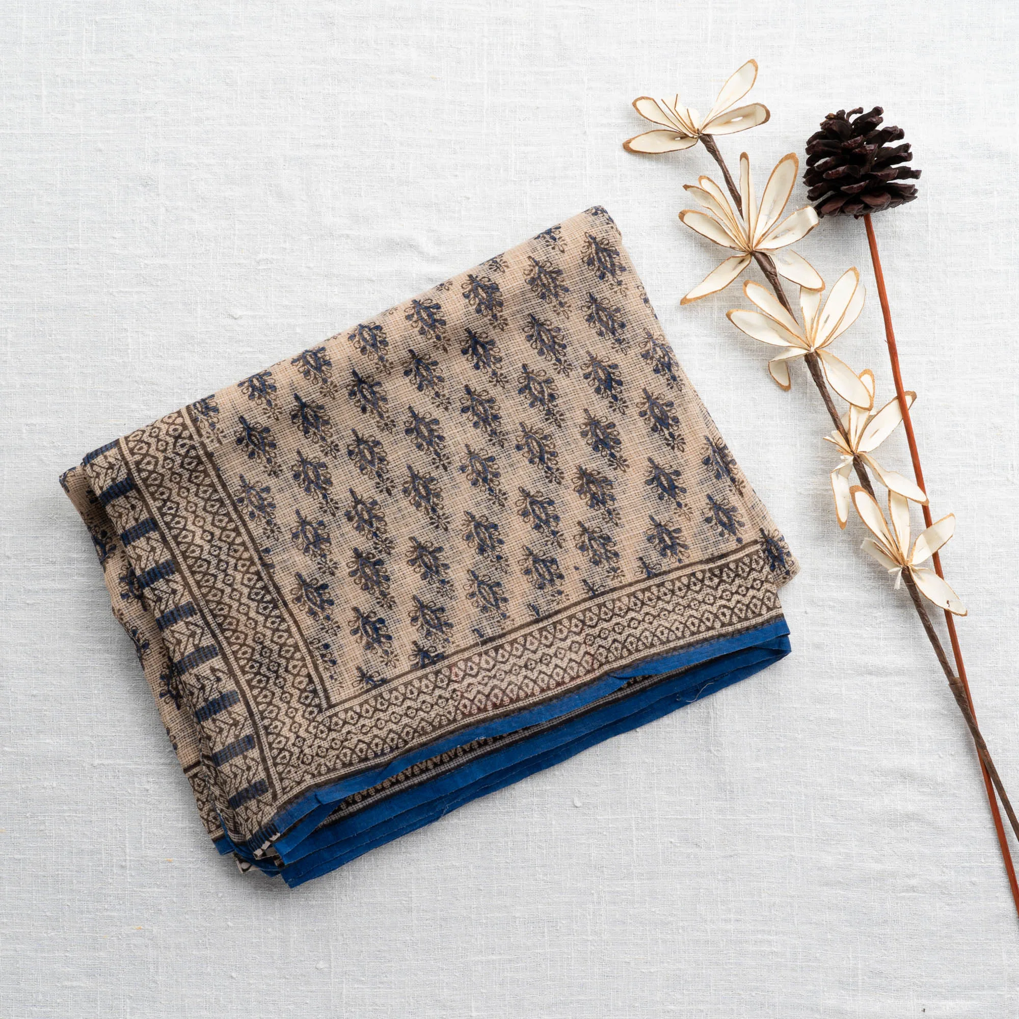 Kota Saree With Organic Handblock Prints | Cream & Blue | LC0003