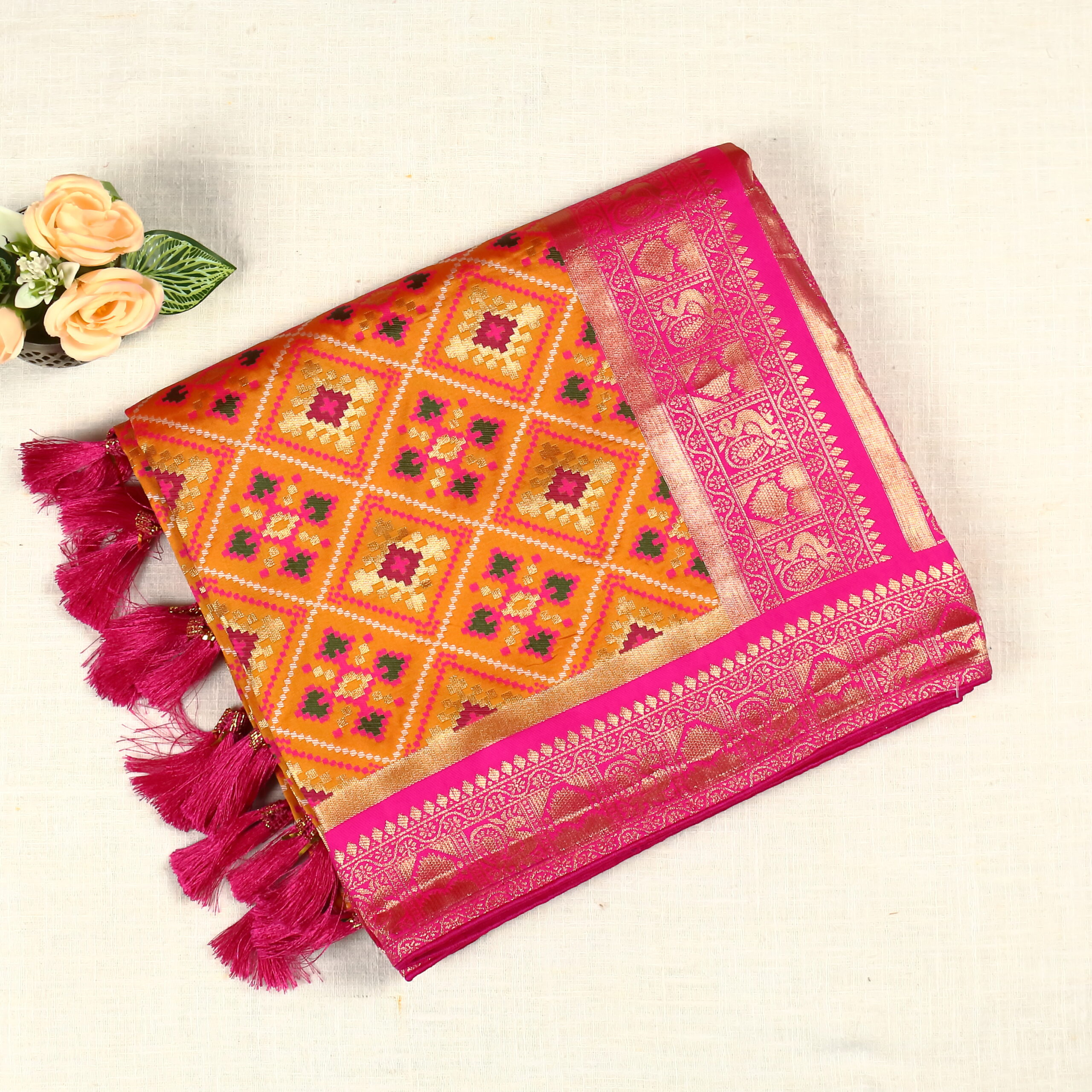 Beautiful Patola Silk Saree | Mustard & Pink | OW0006
