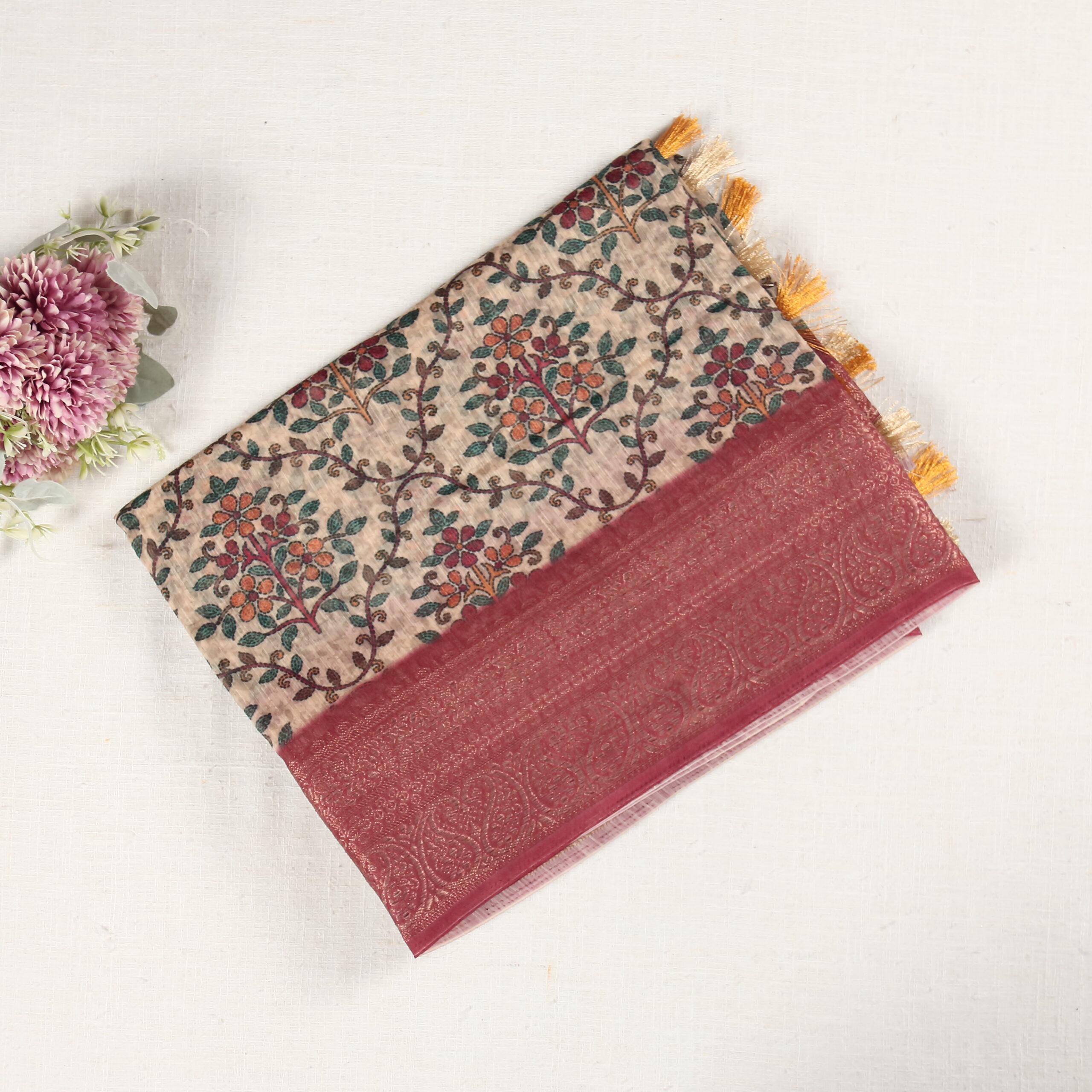 Chanderi Cotton Saree - Cream & Maroon OW0012