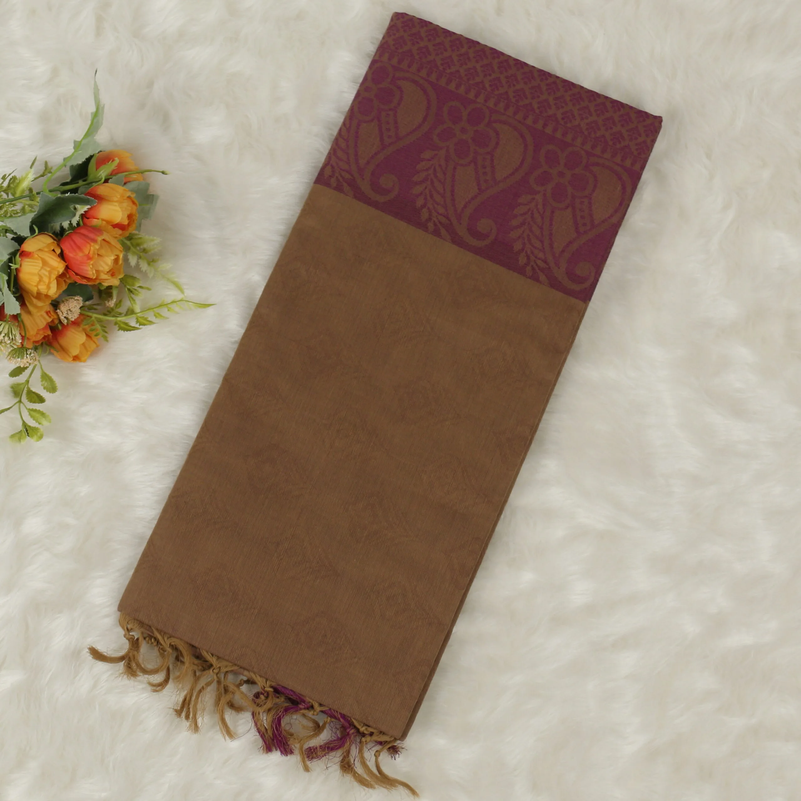 Embossed Cotton Saree | Cream | LX0014