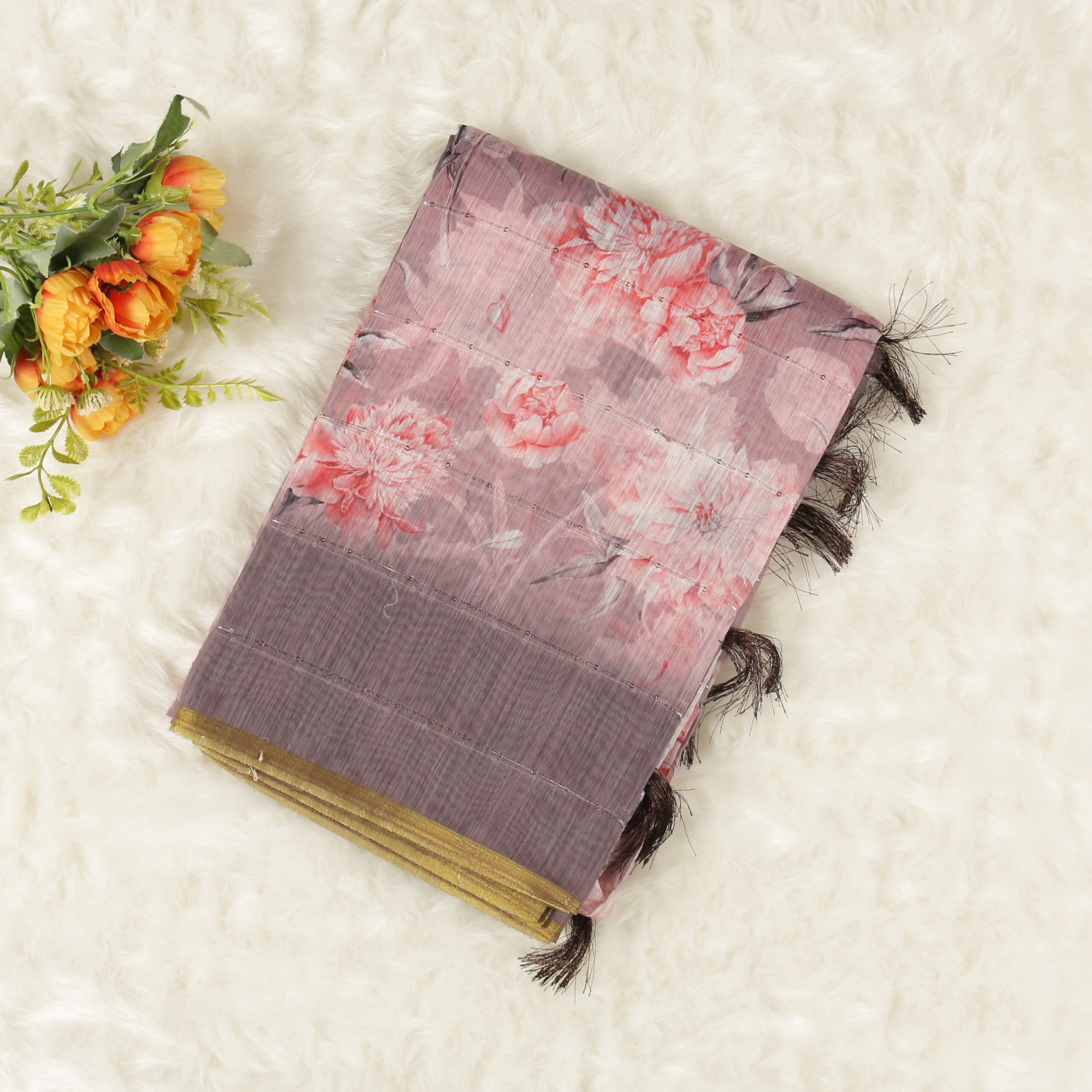 Linen Cotton Saree | Pink | MK0012