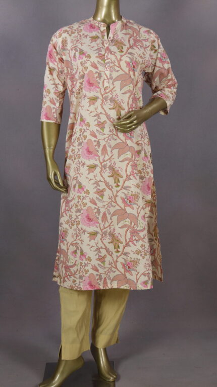 Beautiful Cotton Kurti | Cream & Pink | PM0006