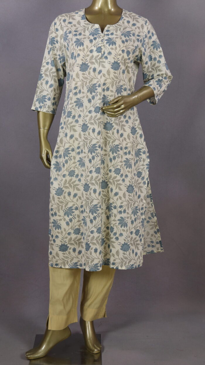 Beautiful Cotton Kurti | Cream & Blue | PM0003