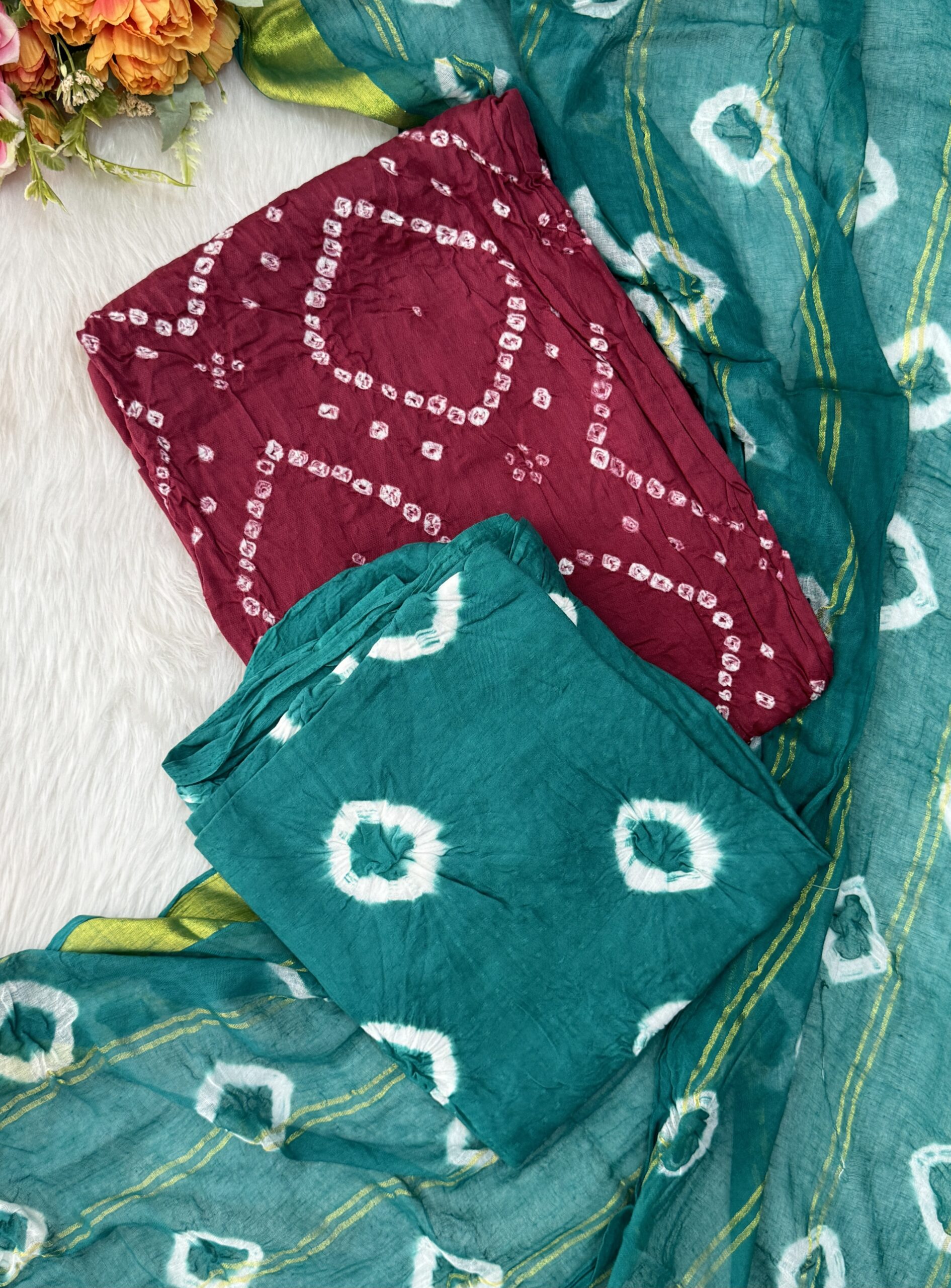     Pure Cotton Material crushed Bandhini prints with bottom and dupatta. 