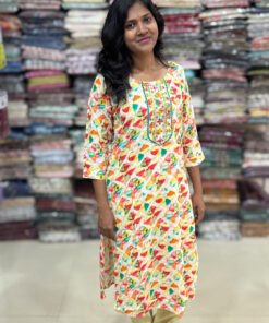 Beautiful rayon kurti has foil prints crafted with embroidery and mirror detailing in the neck patterns. Perfect choice for casual wear. 