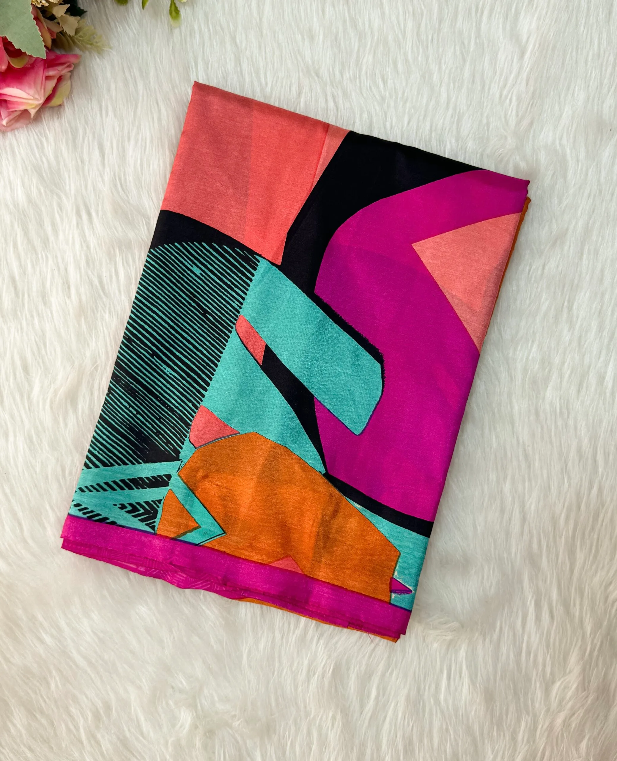 Beautiful crepe silk saree with multicolour designs with  blouse.