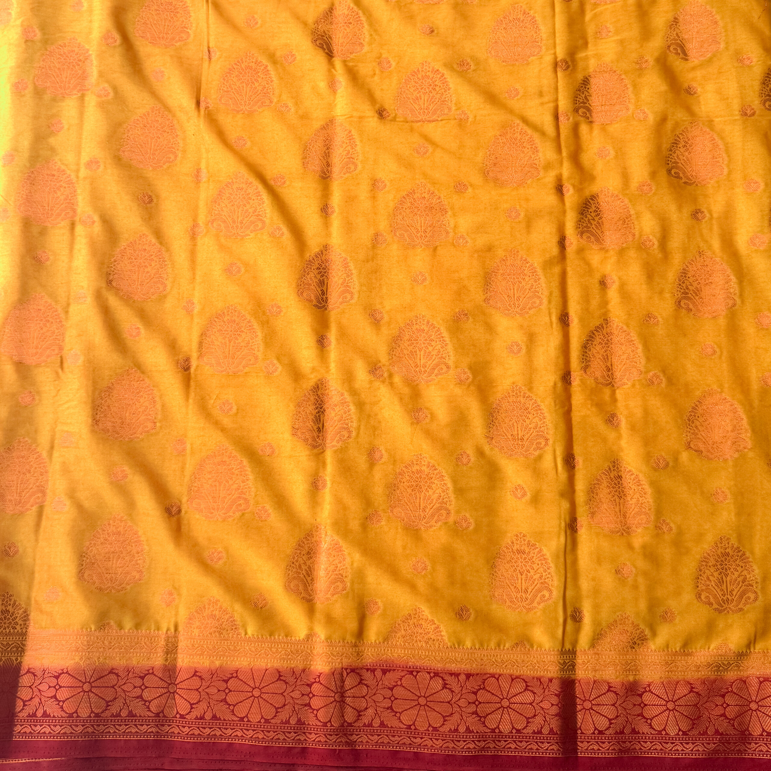 Beautiful crepe silk saree with jacquard buttas with contrast banarasi border and blouse.